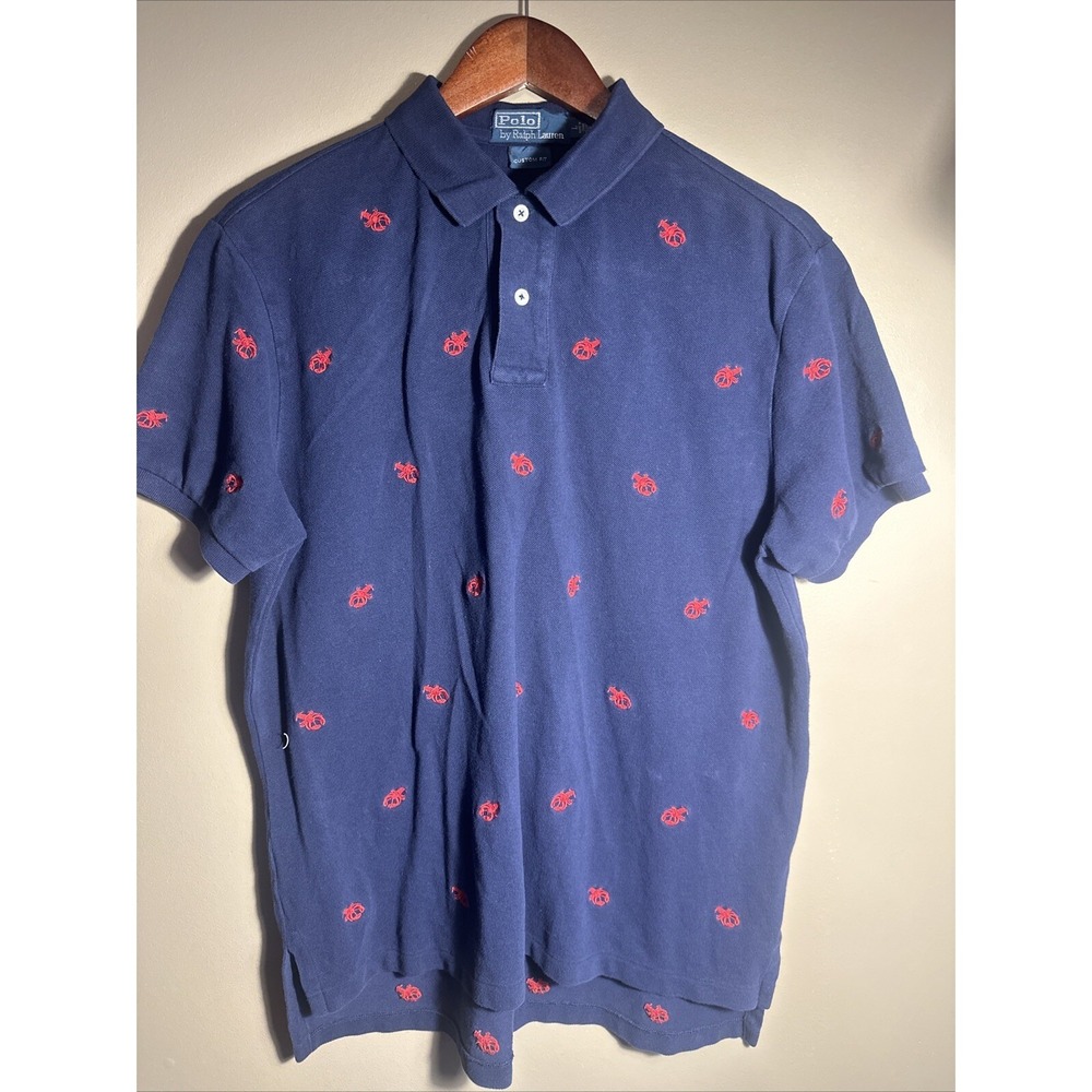 Vintage Ralph Lauren Polo Shirt Mens Large Navy Blue Red Lobsters Embroidered